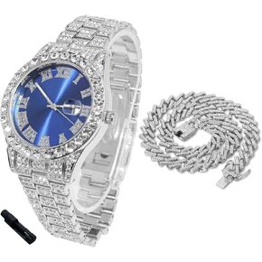 Halukakah Diamonds مشاهدة Iced Out for Boy Teens - 18K Gold/Platinum Plated - 42 مم من الاتصال الهاتفي الأزرق/الأخضر/الأحمر - 8 بوصة - اختياري مع سلسلة ارتباط كوبية ، مع أداة ضابط مراقبة - Goldfoil Giftbox