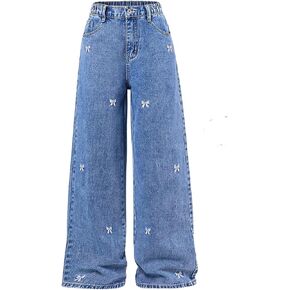 WDIRARA Girl's Bow Embroidered Wide Leg Baggy Jeans Elastic High Waist Denim Pants