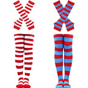 2 Sets Striped Socks and Gloves Over Knee Thigh High Stockings for Halloween Women Thing 1 Thing 2 Cosplay Costume
