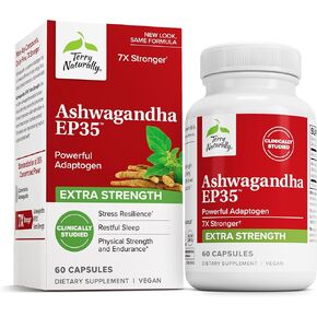 Terry Naturally Ashwagandha EP35 Extra Strength - Herbal Supplement for Sleep Support - Aid Healthy Stress Response - Endurance & Energy Support - 60 Capsules (60 Servings)