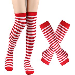 VPGON Womens مخطط الجوارب عالية الجوارب على فخذ الركبة عالية الجوارب الذراع قفازات دافئة الأصابع مجموعة لأزياء cosplay