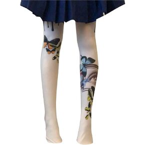 Vili&ve Japanese ALT Fairy Grunge Harajuku Style Darkness Vintage Gothic Lolita Y2K Kawaii funkyClothing Butterfly Patterned Tights 80 Denier Pantyhose White Costume Paty Made in JAPAN