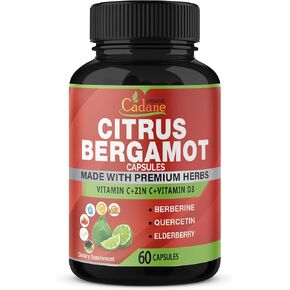 Organic Cadane Citrus Bergamot Extract Capsules & VitC, D3, Zin.C, Berberine, Quercetin, Elderberry, Bromelain, Nettle, Olive and More | Support Overall Health, Immune System, 60capsules