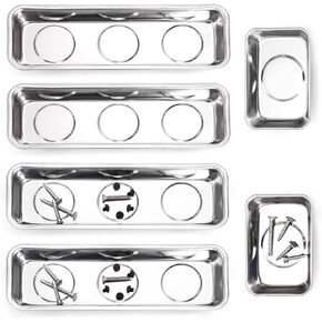 Okllen Set of 6 Magnetic Parts Trays, Stainless Steel Magnetic Tray Set for Mechanic's, Extra Strong Magnetic Tool Trays Holder for Socket Screw Nuts Bolts Metal Parts, Rectangle 8"x2.5"/3.6"x2.5"