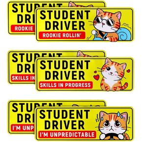 6pcs Funny Student Driver Car Magnets, Cute Reflective New Driver Signs Weatherproof Removable Bumper Safety Stickers for Novice (Cat)