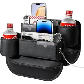 2 PACK Car Seat Gap Filler Organizer with Cup Holder, Universal Fit Soft Leather Box Storage, Automotive Accessories Necessities for Phones Keys Sunglasses Cards, Black