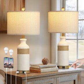 Table Lamps for Bedroom Set of 2, Farmhouse 3-Way Dimmable Touch Lamp for Nightstand with 2 USB Charging Ports, White Vintage Boho Bedside Lamp for Living Room End Table (Bulbs Included)