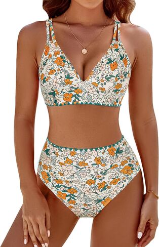 BMJL Women's Bikini Sets V Neck High Waisted Swimsuits Shell Stitched Cheeky Two Piece Bathing Suit in Saudi Arabia