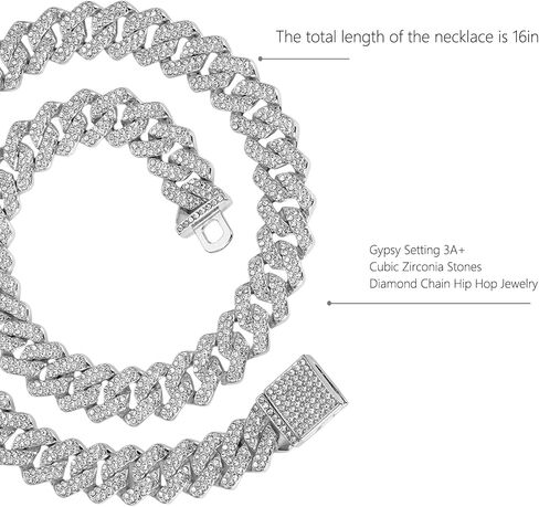 Cuban Link Chain for Men,Silver Necklace and Bracelet,Miami Cuban Chains,Bling Diamond Chain for Hip Hop Jewelry in Saudi Arabia
