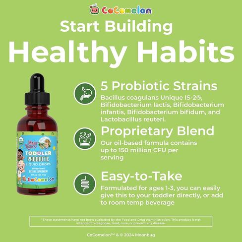 Maryruth Organics Cocomelon Toddler Probiotic Liquid Drops | البروبيوتيك للأطفال للأعمار 1-3 | 5 سلالات بروبيوتيك | 150 مليار CFU لكل وجبة | وزارة الزراعة الأمريكية العضوية | خالية من السكر | الخالية من الغلوتين | 1 فلوريدا أوقية in Saudi Arabia