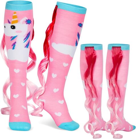 1 Pairs Fun Silly Wacky High Socks Halloween Unicorn Mermaid Socks with Wigs Crazy Funny Gift for Kids Woman in Kuwait