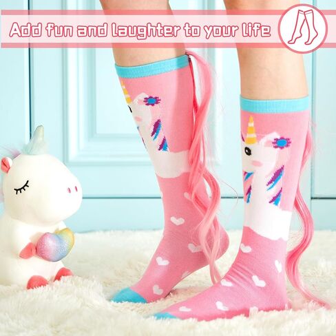 1 Pairs Fun Silly Wacky High Socks Halloween Unicorn Mermaid Socks with Wigs Crazy Funny Gift for Kids Woman in Kuwait