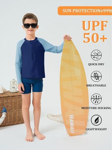 Haloumoning Boys UPF+ 50 Rash Guard Kids Zip Up Long Sleeve Sun Protection Quick Dry Swim Shirt 5-14 Years in Saudi Arabia