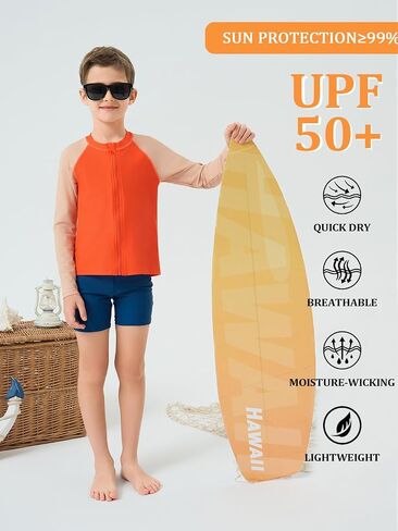 Haloumoning Boys UPF+ 50 Rash Guard Kids Zip Up Long Sleeve Sun Protection Quick Dry Swim Shirt 5-14 Years in Saudi Arabia