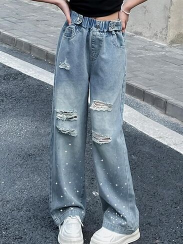 Girls Jeans High Waist Wide Leg Baggy Denim y2k Pants 2025 Summer Fashion Clothes for Kids Streetwear in Saudi Arabia
