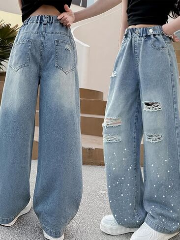 Girls Jeans High Waist Wide Leg Baggy Denim y2k Pants 2025 Summer Fashion Clothes for Kids Streetwear in Saudi Arabia