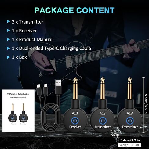 نظام جيتار لاسلكي A13، ملحقات جيتار 2.4 جيجا هرتز مع صوت 24 بت 48 كيلو هرتز، بدون كمون، نطاق 100 قدم، بطارية قابلة للشحن لمدة 5 ساعات، قابس مزدوج للجيتار الكهربائي والباس، التوصيل والتشغيل in Kuwait