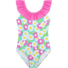 XiaoMoSha Girls Swimsuits Ruffled Round Neck One Piece Bathing Suits Quick Dry UPF 50+ Summer Hawaii Swimwear for Kids 3-10T