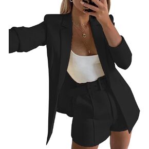 Tcremisa Blazer Shorts Set for Women 2 Piece Long Sleeve Open Front Blazers Short Suits Business Outfits with Belt