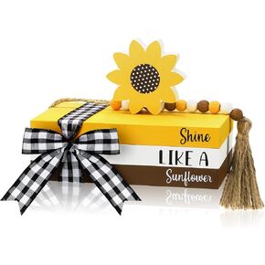 Queekay Sunflower Tiered Tray Decor Mini Decorative Books Wood Faux Books with a Truck Wood Book Stack for Home Office Mantel Decoration (Sunflower)