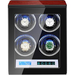 JQUEEN Watch Winder for Automatic Watches Rosewood Paint 4 Watch Winder LED Lighting and LCD Touch Screen Adjustable Watch Pillows 4 Rotation Modes Fit for Lady and Men's Watches