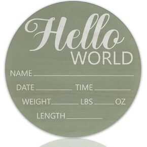 Baby Announcement Sign for Newborn Boys or Girls, Hello World Newborn Sign, Nursery Wall Decor, Baby Name Sign, Green Colour Theme Birch Wood 6 inch Circle Board Birth Stat Sign, Newborn Gifts