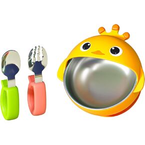 Suction Bowls Set for Baby Feeding，Yellow Duck Silicone Suction Baby Bowl and Food-Grade 304 Stainless Steel Bowl with Fork and Spoon,Dishwasher Safe