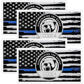4PCS Thin Blue Line Sticker Code 4, Police Support Sticker American Flag Thin Line Decal, Waterproof Thin Line Flag Stickers Support Law Enforcement for Car Window Laptop