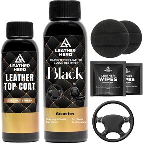 Leather Hero Steering Wheel Repair Kit – Black Leather Restorer with Cleaner Wipes, Matte Top Coat & Sponges – Leather Steering Wheel Scratch Repair & Restoration Kit for Peeling & Worn Leather