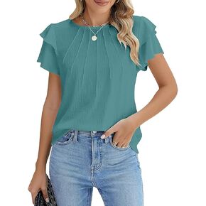 Women Dressy Tops Business Work Blouses Summer Shirts Ruffle Sleeve Crew Neck Outfits 2024