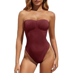 Fisoew Women's Strapless Shapewear Tummy Control Thong Bodysuit One Piece Tube Top Seamless Body Shaper