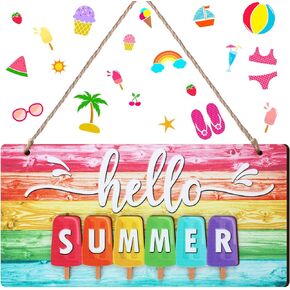 Chunful Hello Summer Door Sign Farmhouse Summer Decor Sign Wooden Well Ornament for Home Bathroom Indoor Outdoor Door Decorations ، 11.8 × 5.9 بوصة