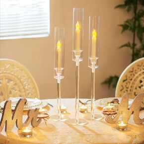 Hurricane Candle Holders, Candlestick Tapered Holder with Clear Bottomless Covers for Fireplace, Table Centerpiece Decor(Set of 3)