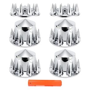 ABS Chrome Plastic Front Axle and Rear Cover Kits with 33mm Push-on Flange Nut Covers for Semi Trucks in Pairs, Spiked, 2+4 Set