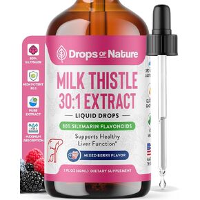Milk Thistle Supplement Liquid Drops with 80% Silymarin Flavonoids – Vegan, Organic Milk Thistle Extract – Easily Mix with Tea Daily for Antioxidant Properties, Liver, Immune Care (Mixed Berry, 60 mL)