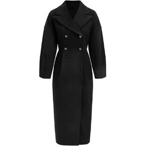 Women's Winter Pea Coat Long Double-Breasted Notch Lapel Trench Coat Solid Black Thicken Warm Outear Overcoat