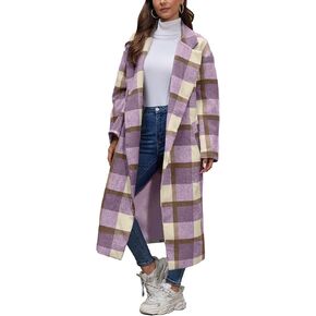 Women's Plaid Wool Coat Shacket Jacket Casual Long Sleeve Laple Button Down Flannel Trench Coats