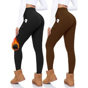 CTHH 2 Pack Fleece Lined Leggings Women with Pockets -Warm Winter Workout Yoga Pants Thermal High Waisted Leggings