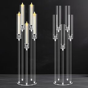 4Pcs 5 Arms Acrylic Candelabra Centerpieces for Tables Decortion,Clear Candle Holder for Wedding Dinner Fireplace Decoration,35 inches Tall Candlesticks Holder with Lampshade, Fits LED Candle