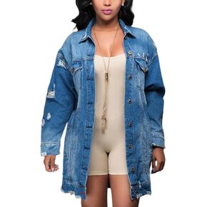SOMTHRON Women's Distressed Denim Jeans Outfits Coat Spring Fall Ripped Jeans Outerwear Denim Jacket