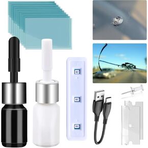 Windshield Crack Repair Kit, Windshield Repair Kit, Rock Chip Repair Kit Windshield, Chipped Windshield Filler, Glass Chip Repair Kit Windshield for Chips and Cracks, Fast Curing Unit with USB-C Port