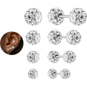 Crystal Ball Screw Back Earrings Stud 4 Pair Silver Disco Ball Earrings for Women Double Sided Earrings for Cartilage Tragus Helix conch Piercing Jewelry Party Prom Gift Sparkle Ball 3/4/5/6mm