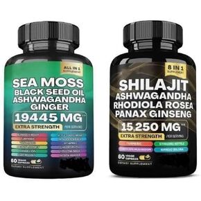 Sea Moss and Shilajit Bundle - Sea Moss,Black Seed Oil, Ashwagandha,Ginger & Shilajit,Rhodiola Rosea, Panax Ginseng