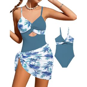 Girls'Swimwear One Piece Kids Swimsuits for Girls Tropical Twist Cross Bathing Suits with Cover Up Skirt