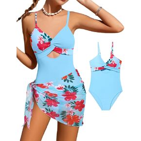 Girls'Swimwear One Piece Kids Swimsuits for Girls Tropical Twist Cross Bathing Suits with Cover Up Skirt in Kuwait