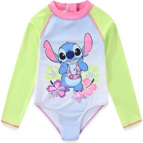 Disney Lilo & Stitch Girls UPF 50+ One Piece Swimsuit Long Sleeve Rash Guard Bathing Suit for Big Kids