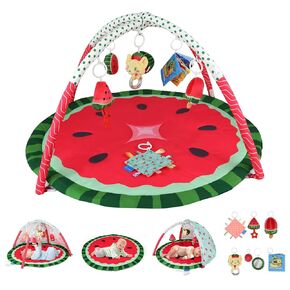 Baby Gym Play Mat, 9-in-1 Tummy Time Mat, Baby Rest Mat with Tent, 6 Detachable Sensory Toys, Washable Watermelon Activity Mat Gift for Newborn Infant 0-18 Months