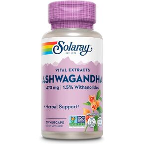 مستخلصات Solaray الحيوية Ashwagandha - 470 ملغ من مستخلص الجذر Ashwagandha موحد إلى 7 ملغ ويتانوليدات - نباتي ، غير محلي ، معمل ، ضمان 60 يومًا - 60 حصصًا ، 60 Vegcaps