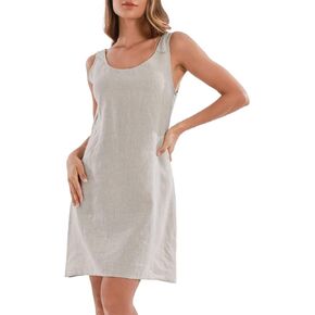 Amazhiyu Women's 100% Linen Summer Casual Sleeveless Midi Shift Tank Dresses