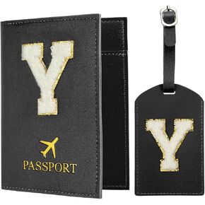 Patikil Passport حامل للسفر ، وغطاء جواز السفر الأولي وعلامة الأمتعة مجموعة مع Alphabet Chenille خطاب التصحيح معرف حقيبة محفظة للسفر للنساء عائلة السفر سود